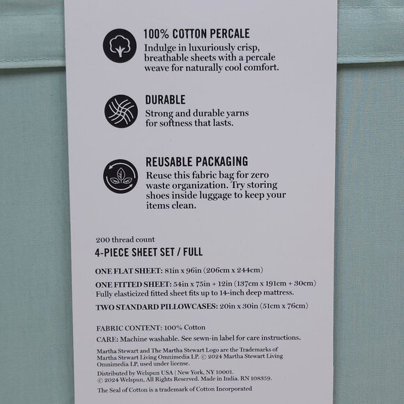 Martha Stewart Full Sheet Set 200 Thread Count Cotton Percale Green - Picture 4 of 8